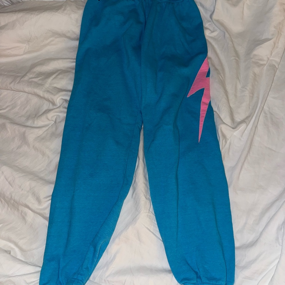 Adult (or kids) Aviator Nation Sweatpants, Blue with Pink lightning boldly